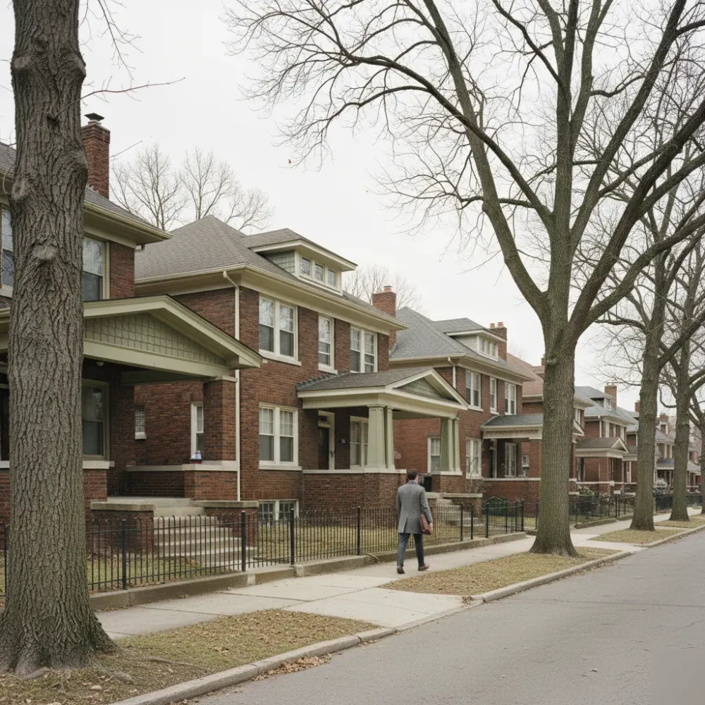 Person walking toward a 1940s brick bungalow on a St. Louis residential street near Chamberlain University.