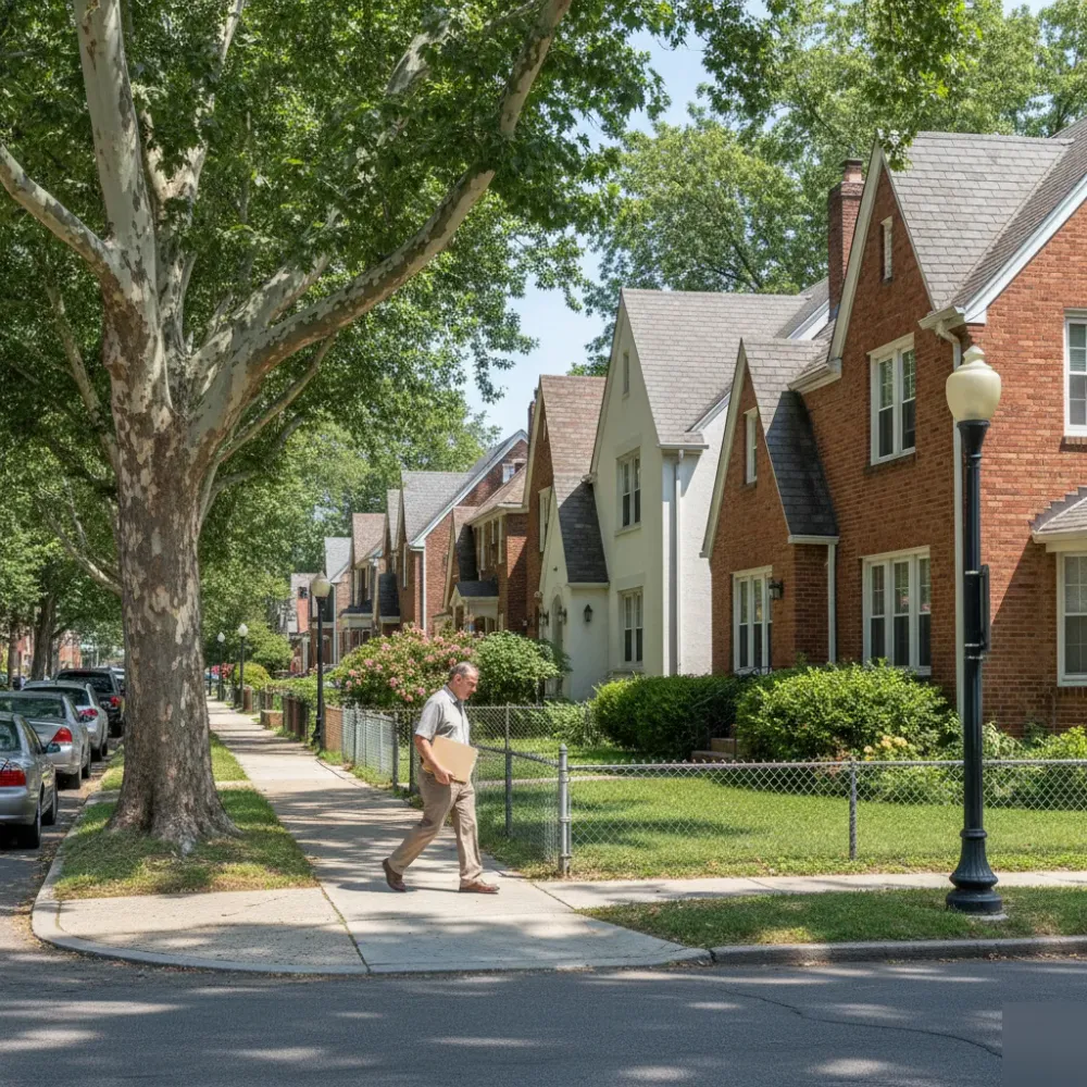 Residential street near Chamberlain University St. Louis with 1940s brick Cape Cod homes and mature elm trees.