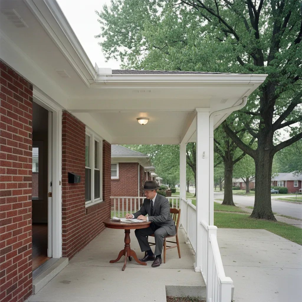 Home loan officer reviewing mortgage documents with buyer at brick bungalow near Westline Industrial Drive St. Louis.