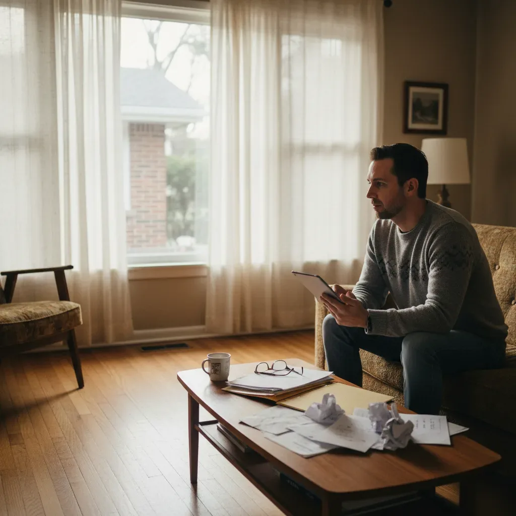 Homeowner reviews property data on a tablet inside a St. Louis brick bungalow with sale listings on the coffee table.