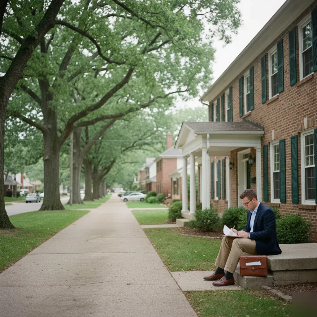 Mortgage broker reviewing loan documents on the porch of a brick Colonial home near Arizona College of Nursing, St. Louis.