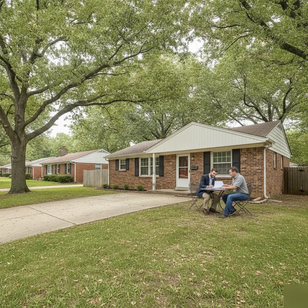 Mortgage broker reviewing loan documents with a homeowner outside a brick ranch home in St. Louis, MO 63146.