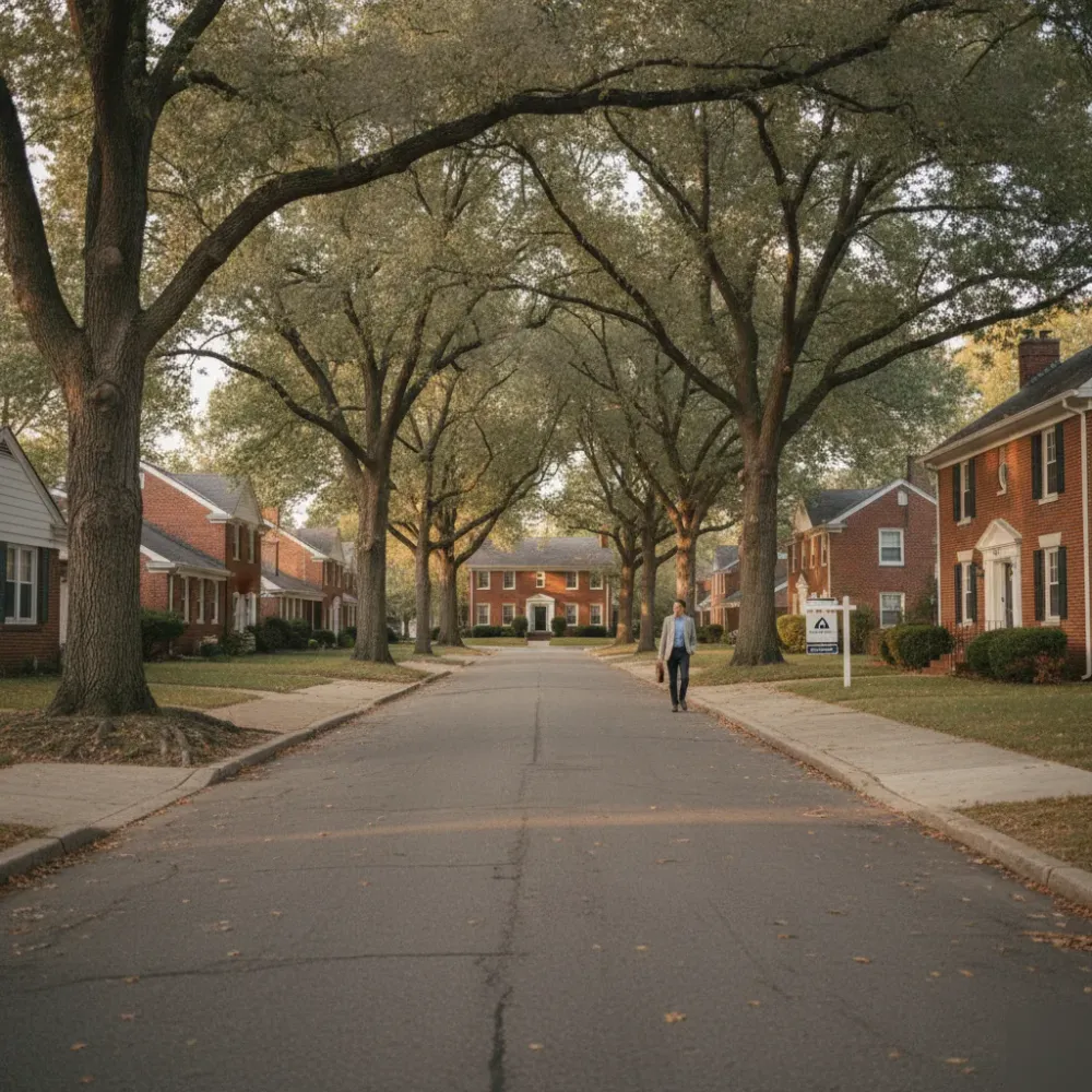 Residential brick-lined street near Arizona College of Nursing in northwest St. Louis with a mortgage broker walking toward