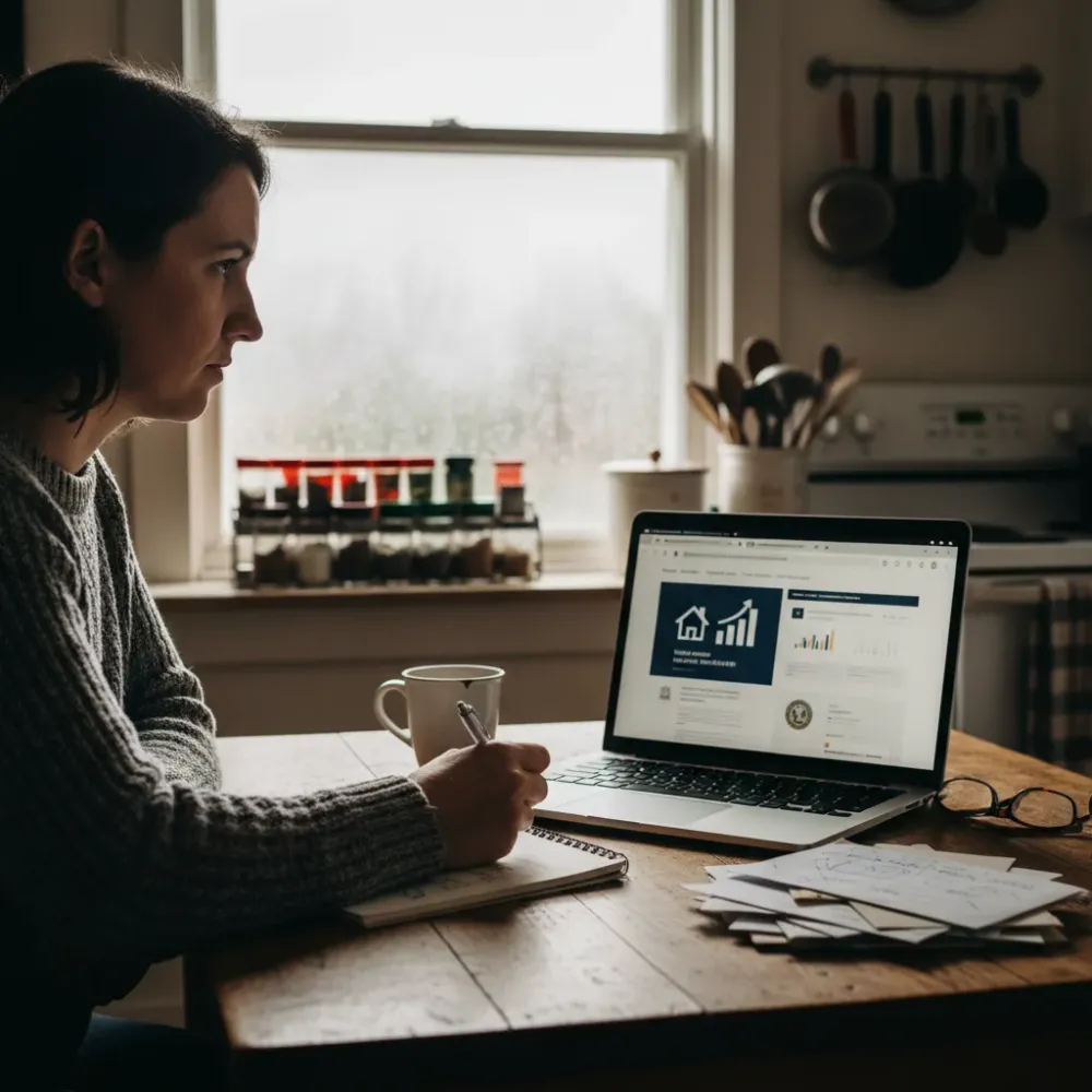 Person compares two different online home value estimates on a laptop at a kitchen table with a notepad nearby.