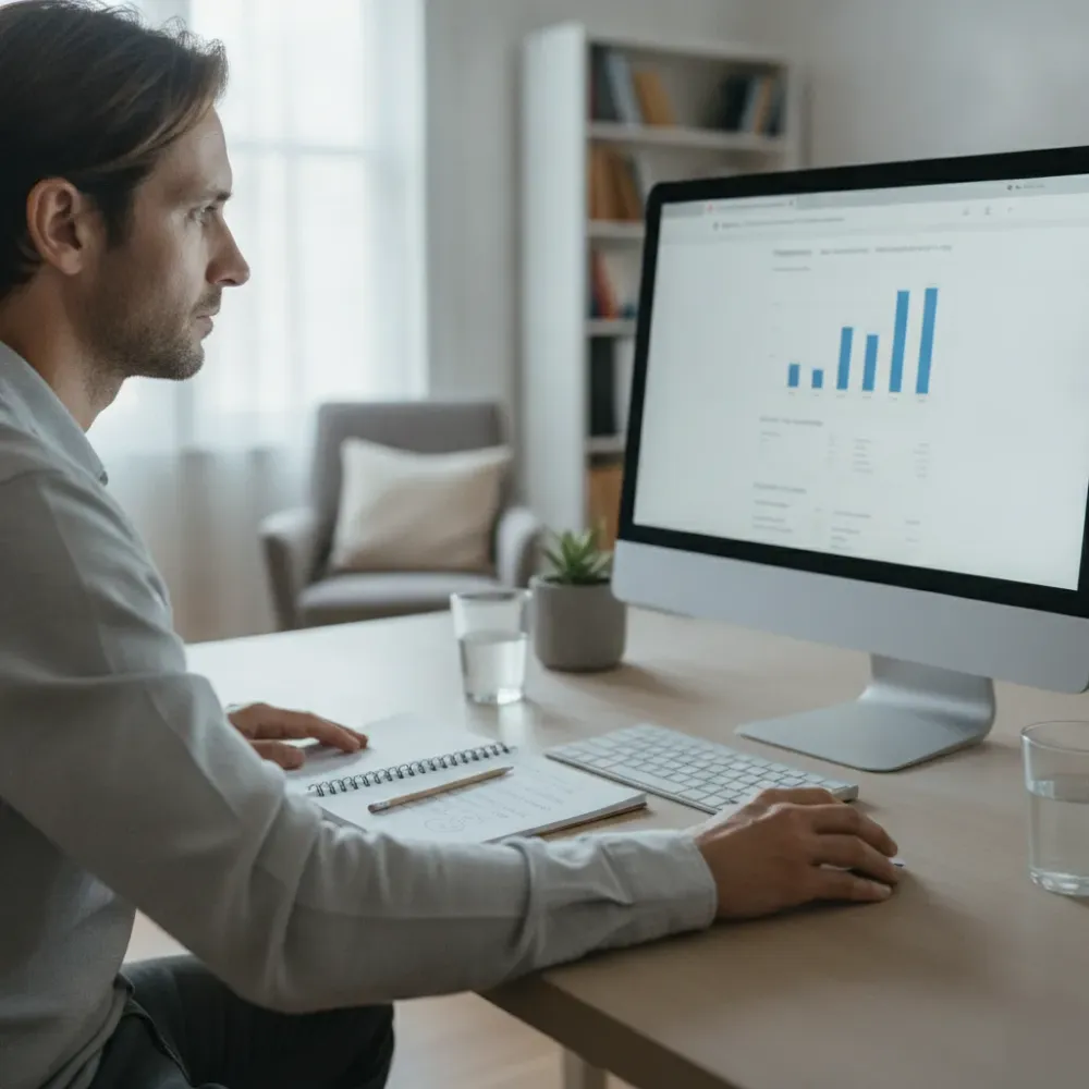 Person scrolling a property value estimator on a desktop computer while reviewing handwritten notes beside them.