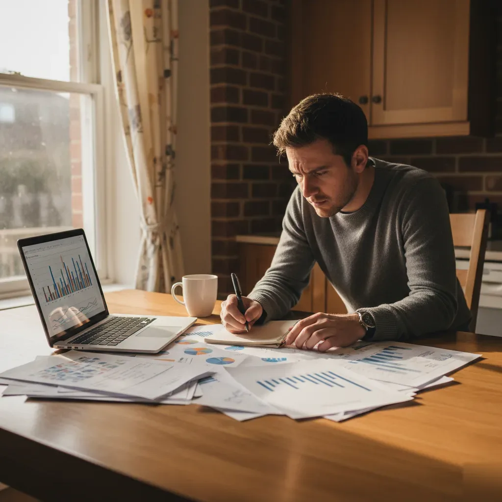 Homeowner reviewing property documents and a laptop at a kitchen table in a St. Louis home.