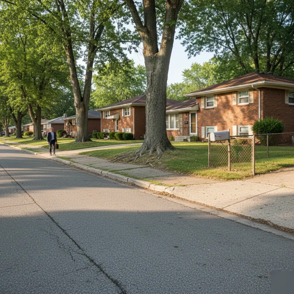 Residential street lined with 1970s brick split-level homes near the Schuetz Road corridor in St. Louis, MO 63146.