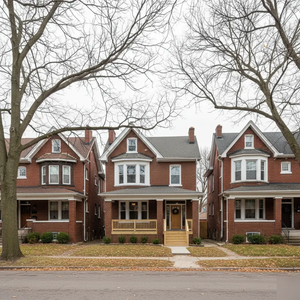 Tree-lined St. Louis residential street with early 20th-century brick homes photographed on an overcast autumn day.