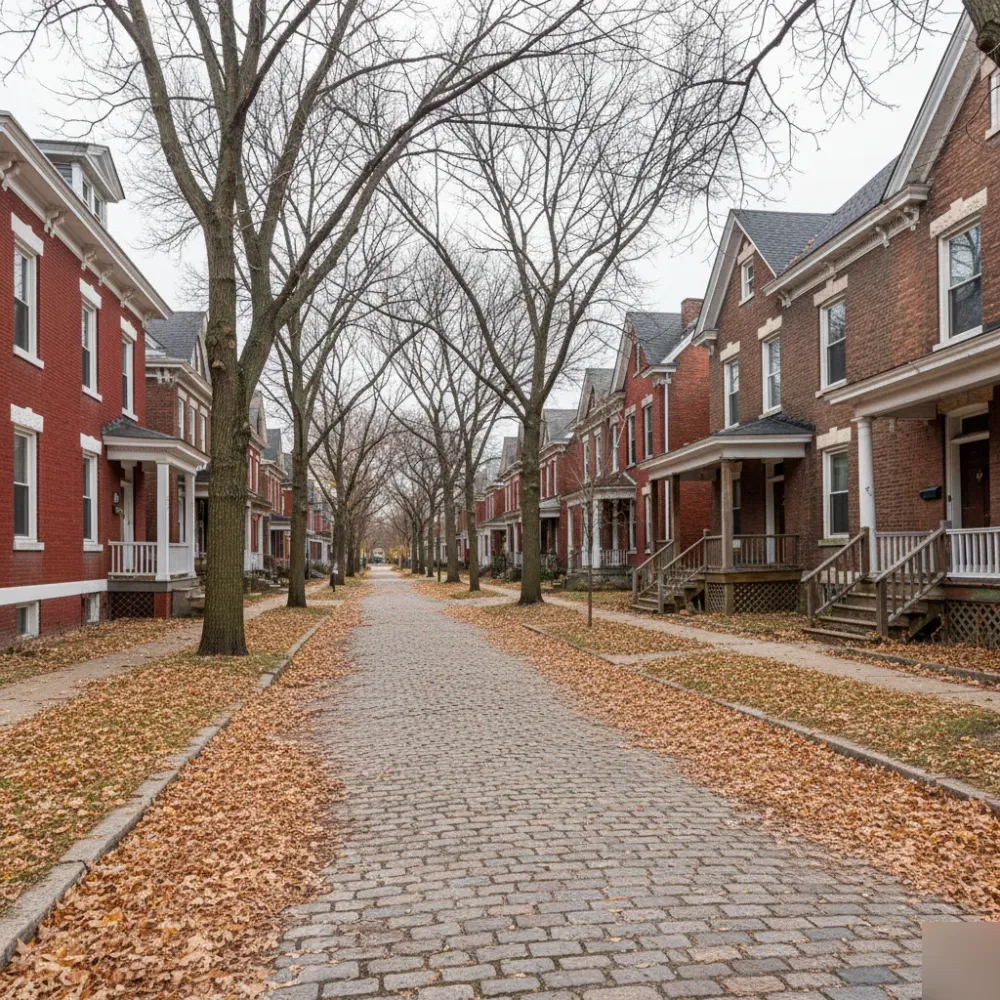 St. Louis residential street lined with early-twentieth-century brick homes in varying conditions on an overcast autumn day.